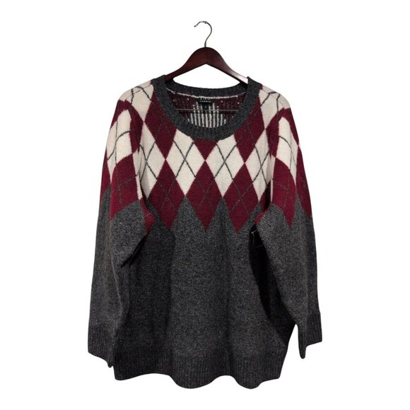 NWT Torrid Women's Gray Red Pullover Argyle Colorblock Sweater Super Soft Sz 2X - Picture 1 of 16